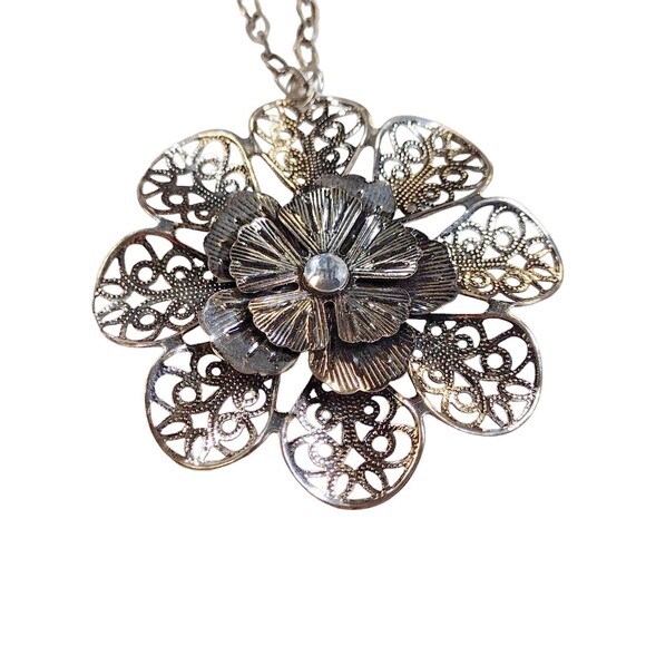 Womens Floral Necklace Pendant Filigree Statement Rhinestone Silver Tone - Picture 2 of 5